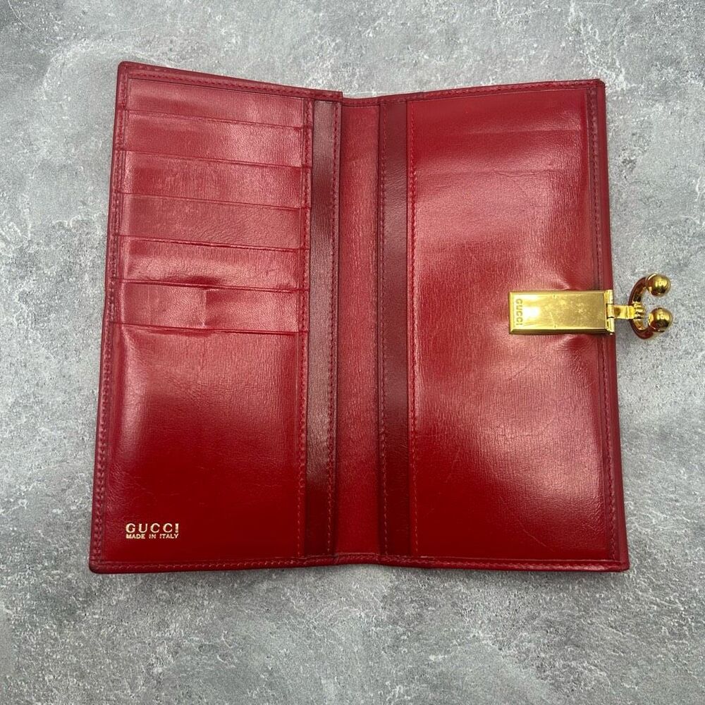 GUCCI Horseshoe Red Long Bifold Wallet Gold Metal Credit Card Luxury - Picture 7 of 14